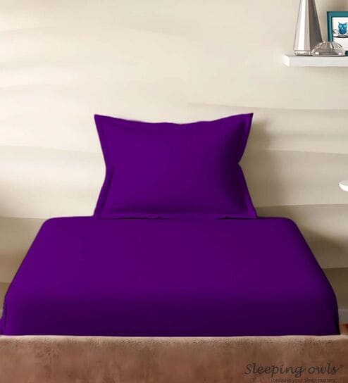Purple Cotton Solid 210TC Plain Single Bedsheet with 1 Pillow Cover