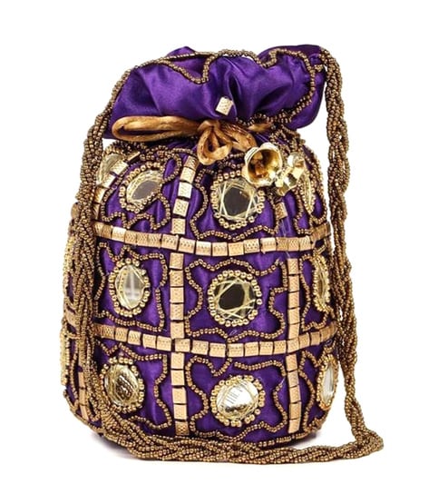 Purple Fabric Embroidered Potli Bag for Women (20 cm)