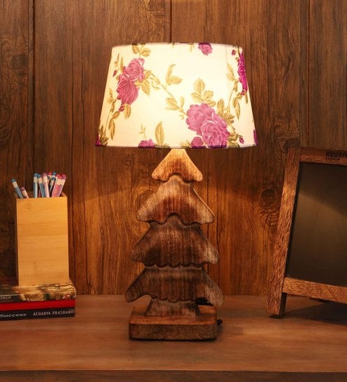 Inspired Multicolour Fabric Shade Table Lamp With Mango wood Base by Foziq