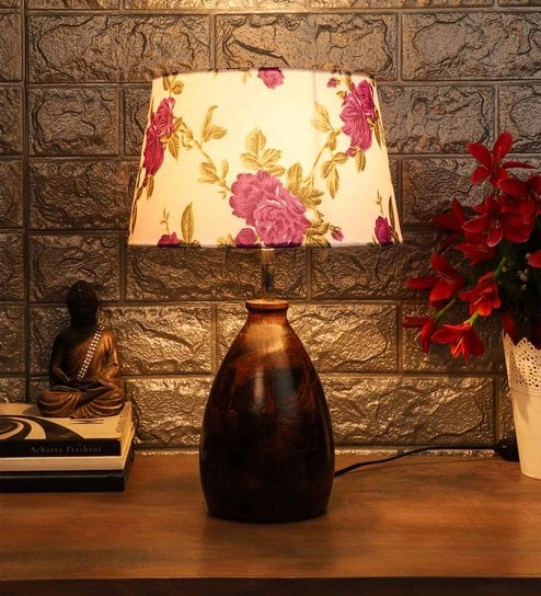 Purple Fabric Shade Table Lamp with Brown Base by Foziq