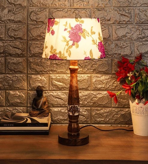 Purple Fabric Shade Table Lamp with White and Brown Base by Foziq