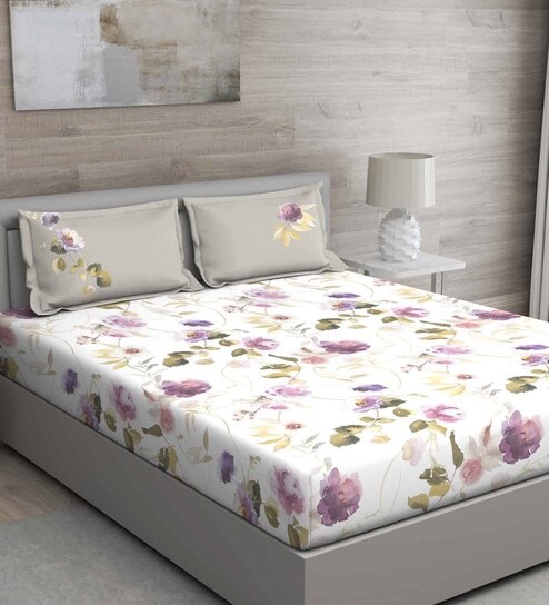 Purple Floral 150 TC Cotton Queen Sized Bed Sheets with 2 Pillow Covers by GM Fabrics