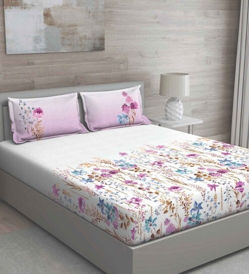 Purple Floral 150 TC Cotton Queen Sized Bed Sheets with 2 Pillow Covers by GM Fabrics