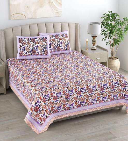 Purple Floral 180 TC Cotton King Size Bedsheet With 2 Pillow Cover