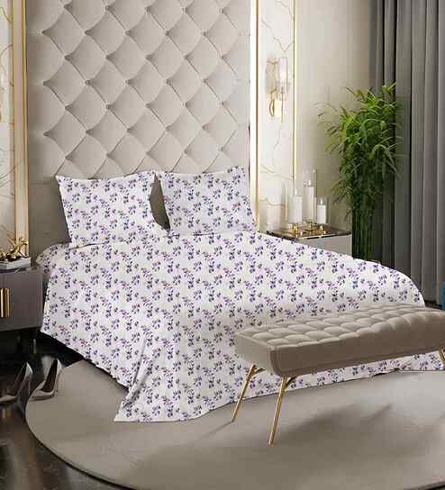 Purple Floral 180 TC Cotton King Sized Double Bedsheet with 2 Pillow Covers