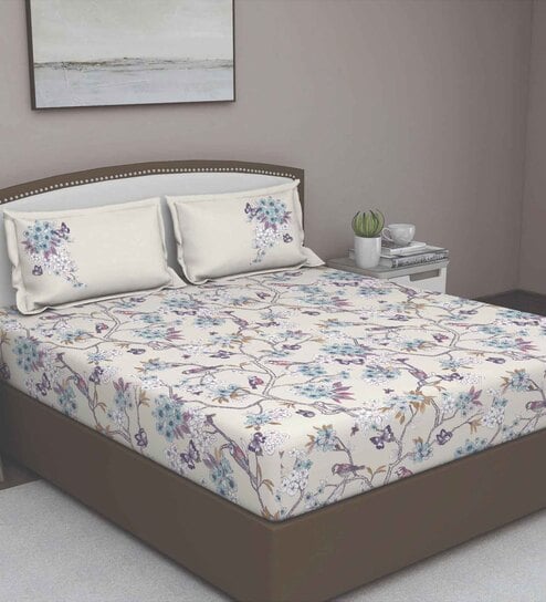 Purple Floral 180 TC Cotton Queen Sized Bed Sheets with 2 Pillow Covers by GM Fabrics