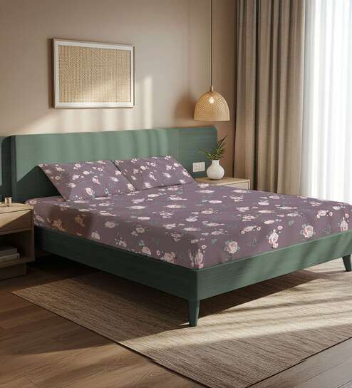 Purple Floral 200 TC Microfiber King Sized Bedsheet with 2 Pillow Covers