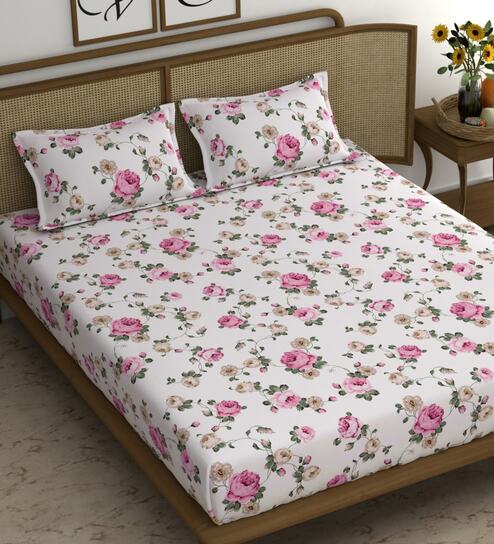 Purple Floral 210 TC Microfiber Double Queen Bedsheet With 2 Pillow Covers