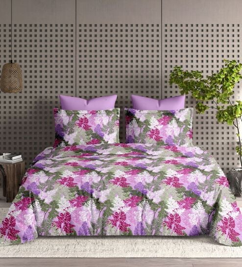 Purple Floral 210TC Cotton Super King Sized Double Bedsheet with 2 Piping Pillow Covers