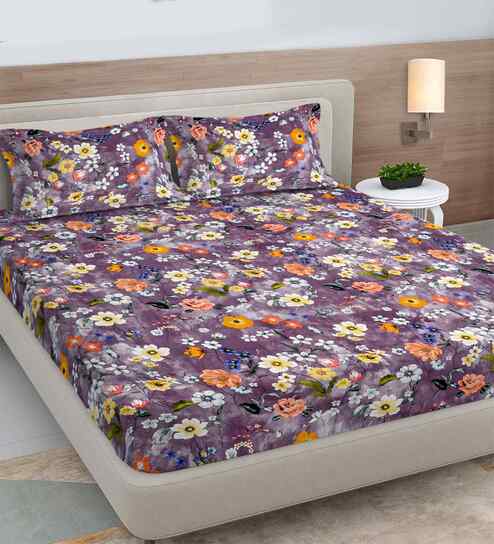 Purple Floral 300 TC Cotton Blend King Size Double Bedsheet with 2 Pillow Covers