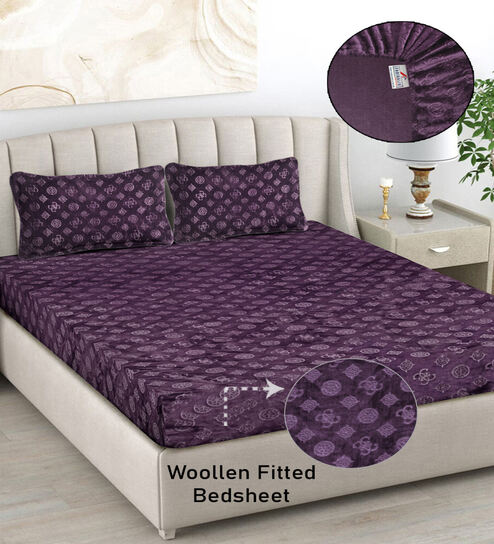 Purple Geometric 300 TC Woollen Fitted Double Bedsheet with 2 Pillow Covers
