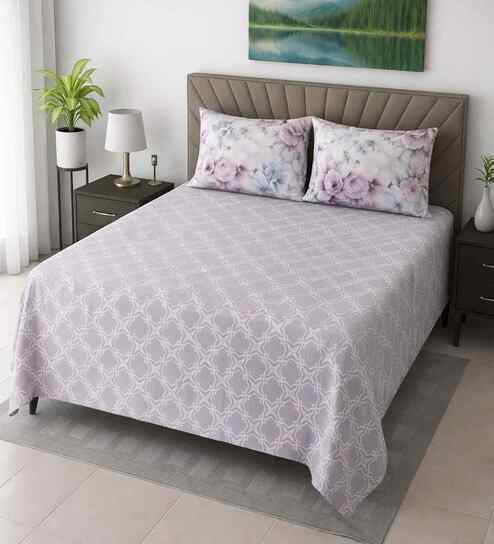 Purple Geometric 400 Tc Cotton Super King Size Bedsheet With 2 Pillow Covers