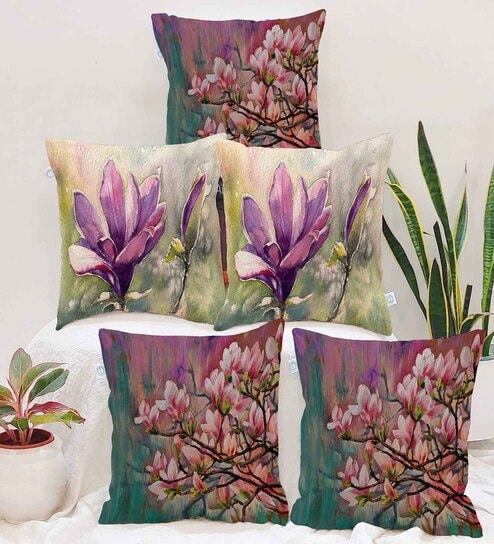 Purple Jute Floral 16x16 inches Cushion Covers (Pack of 5)