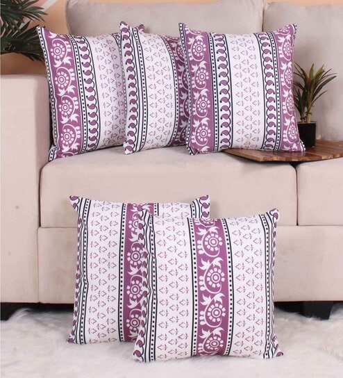 Purple Polycotton Floral 16x16 inches Cushion Covers (Pack of 5) by STITCHNEST