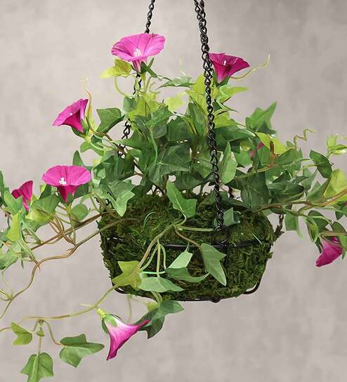 Purple Polyester Artificial Morning Glory Hanging Creeper Plant with Hanging Metal Stand
