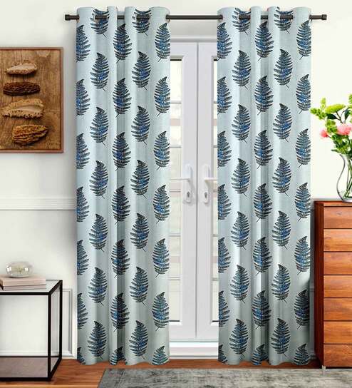 Blue Floral Polyester 9 Ft Semisheer Eyelet Door Curtains (Set of 2) by Cortina