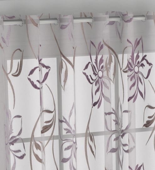 Purple Polyester Floral 7ft Sheer Eyelet 1 Pc Door Curtain by GM Fabrics