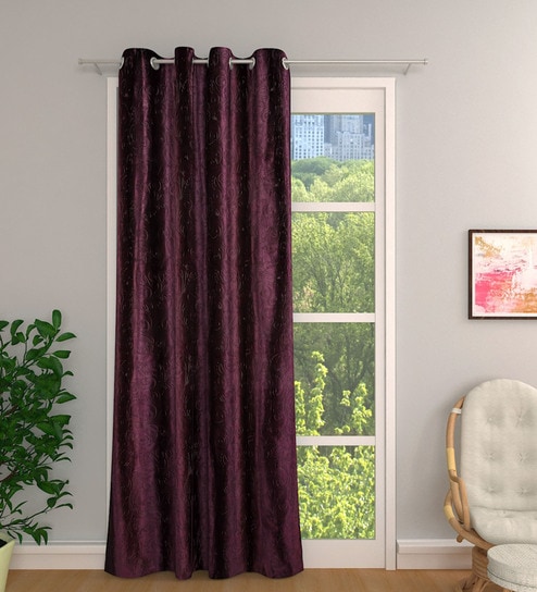 Purple Polyester Floral Light Filtering Eyelet 9 Feet Door Curtain