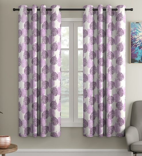 Buy Purple Polyester Plain Printed Window Curtain Set Of 2 By