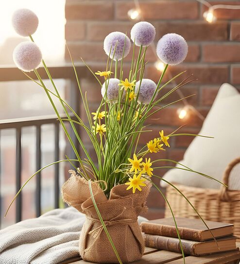 Purple Silk Plastic And Jute Chic Artificial Dandelion Arrangement Flower Bunch With Jute Wrap