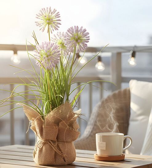 Purple Silk Plastic And Jute Faux Allium Flower Bunch With Jute Wrap