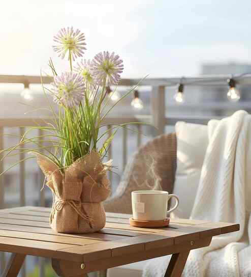 Purple Silk Plastic And Jute Faux Allium Flower Bunch With Jute Wrap