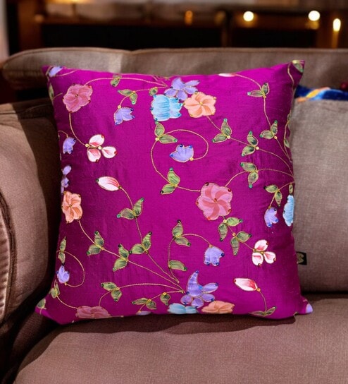 Purple Silk Zari Embroidered 16x16 inches Cushion Covers (Set of 2)