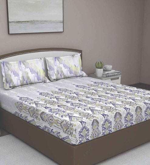 Purple Traditional 180 TC Cotton Queen Sized Bed Sheets with 2 Pillow Covers by GM Fabrics
