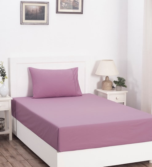 Purple Solid 200 TC Cotton Single Bedsheet With 1 Pillow Cover