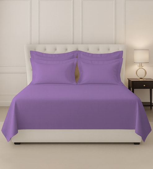Purple Solid 400 TC Cotton Super King Sized Bedsheet with 4 Pillow Covers