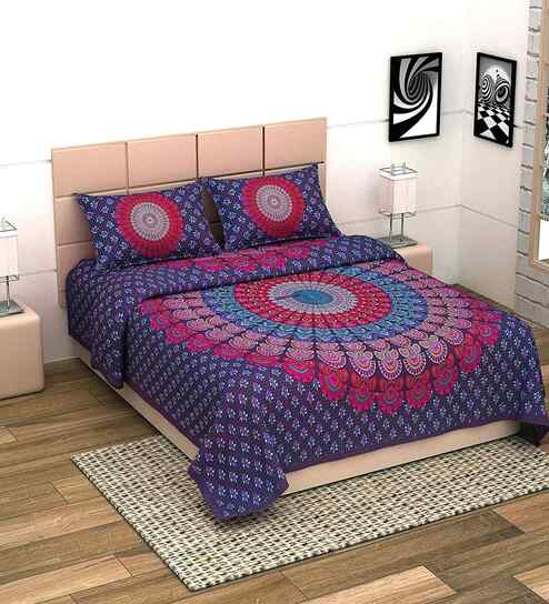 Purple Traditional 180 TC Cotton  King Sized Bedsheet with 2 Pillow Covers