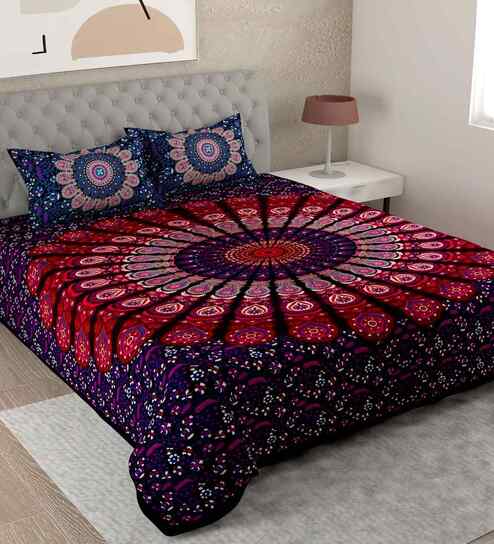 Purple Traditional 180 TC Cotton  King Sized Bedsheet with 2 Pillow Covers