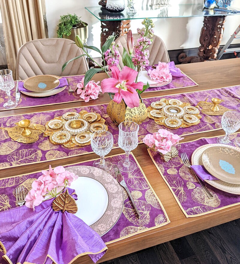 Buy Purple & Gold Velvet 24 Pcs (6 Seater) Table Linen Set by VPOP