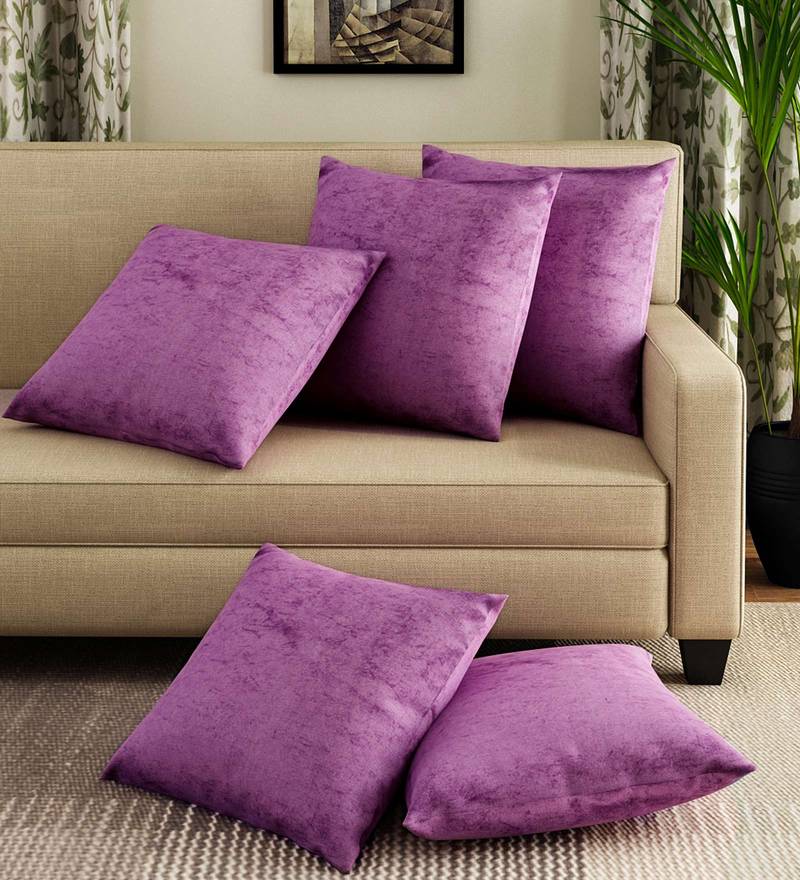 Buy Purple Velvet Solid Print Set of 5 Cushion Covers by Romee Online Abstract Cushion Covers