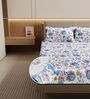 Purple Blue Floral 144 Tc Cotton Elastic Fitted Double Bedsheet With 2 Pillowcovers