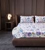 Purple Blue Floral 144 Tc Cotton Elastic Fitted King Bedsheet With 2 Pillowcovers
