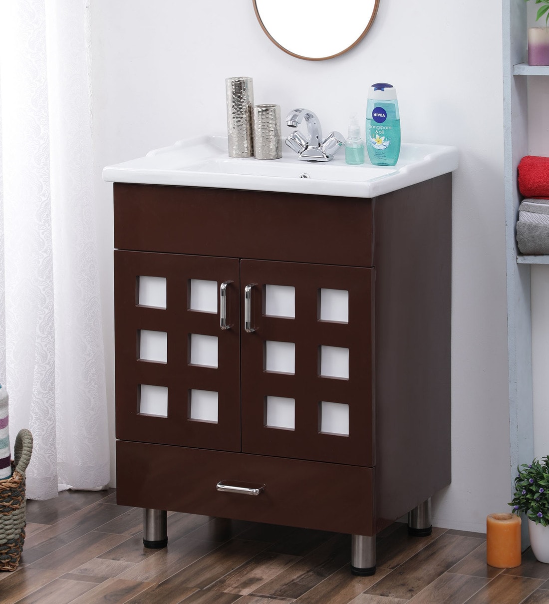 Buy PVC Floor Rested Bathroom Vanity in Brown & White by JJ