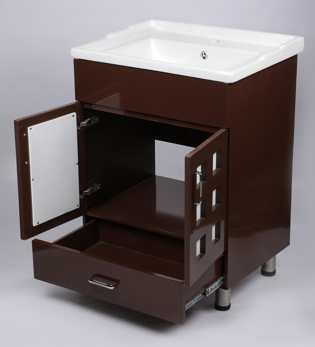 Buy PVC Floor Rested Bathroom Vanity in Brown & White by JJ