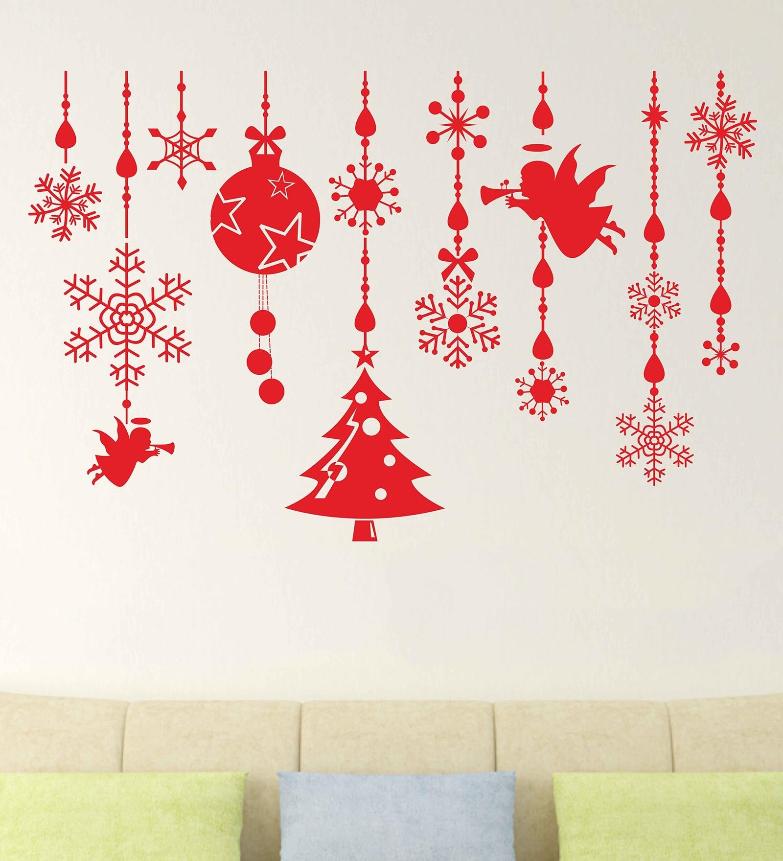 PVC Vinyl Christmas Trees Bells & Stars in Red Wall Sticker
