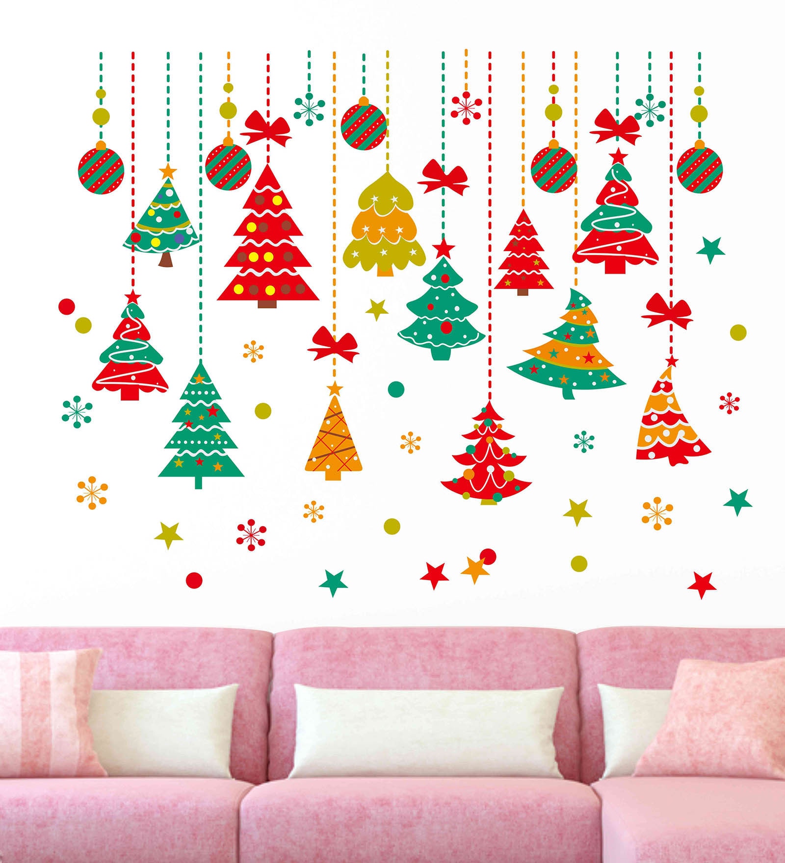 PVC Vinyl Colourful Hanging Christmas Trees & Stars Decoration Wall Sticker