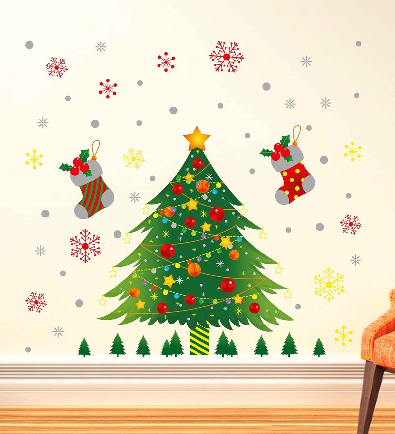 Buy PVC Vinyl Christmas Tree & Stars Decorative Vinyl Wall Sticker by ...