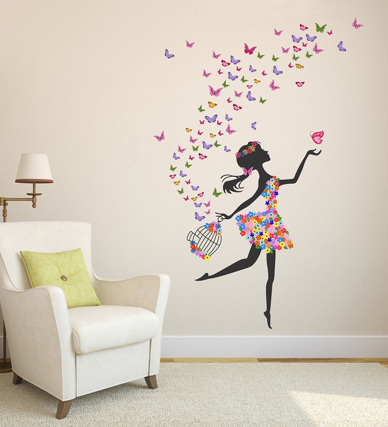 Buy PVC Vinyl Dreamy Girl with Flying Colourful Butterflies Wall ...