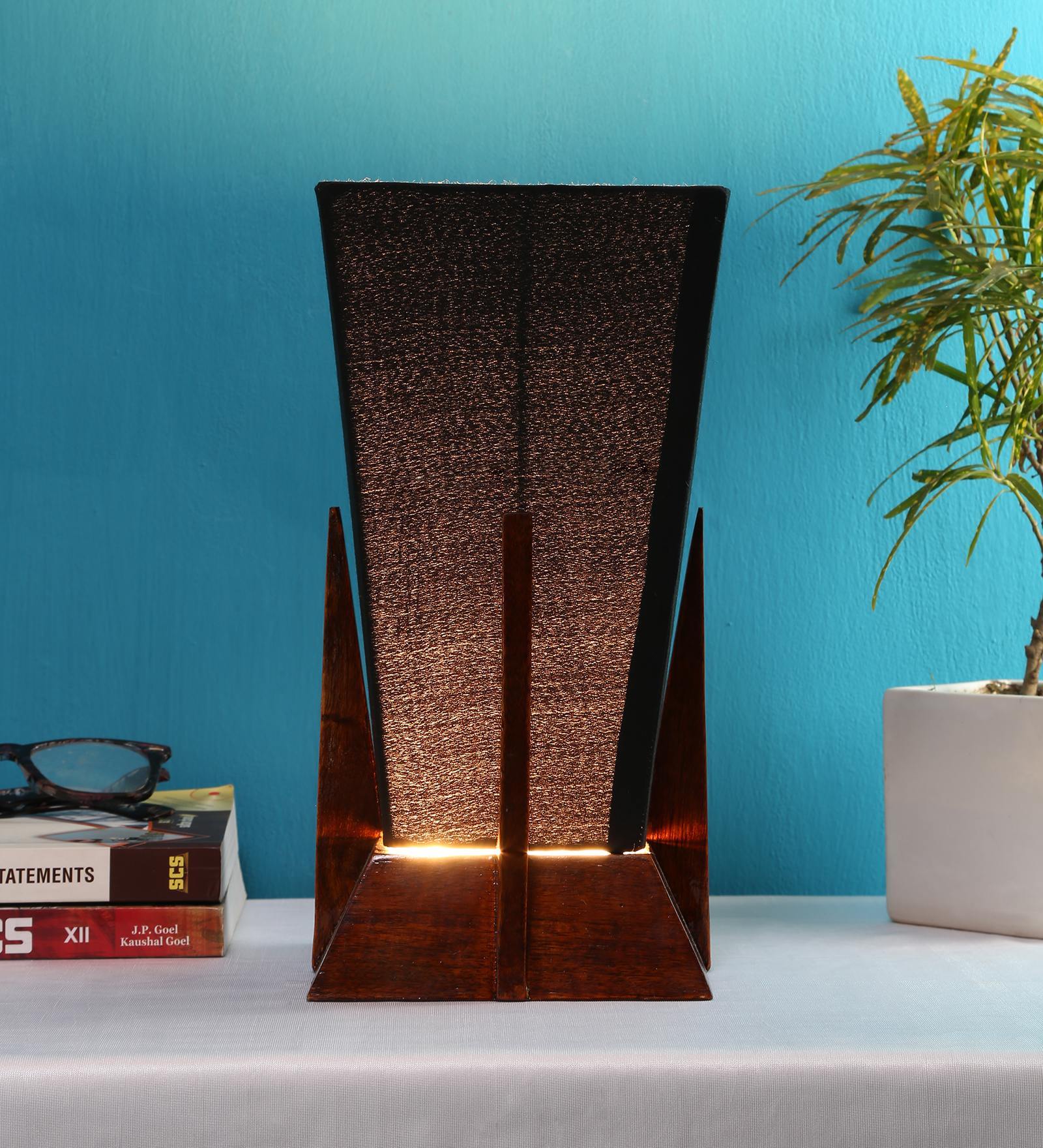 Pyramid Black Cotton Shade Table Lamp with Natural Brown Base