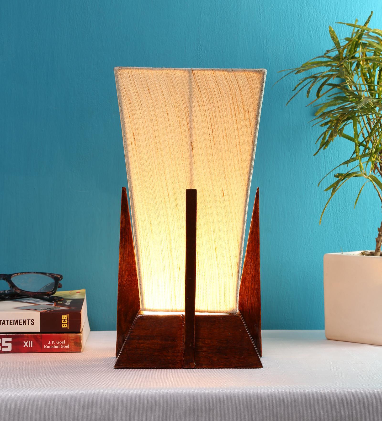 Pyramid Off White Cotton Shade Table Lamp with Natural Brown Base