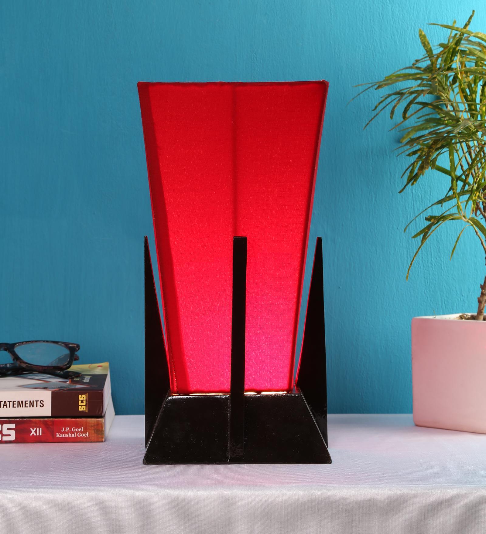 Pyramid Red Cotton Shade Table Lamp with Dark Brown Base