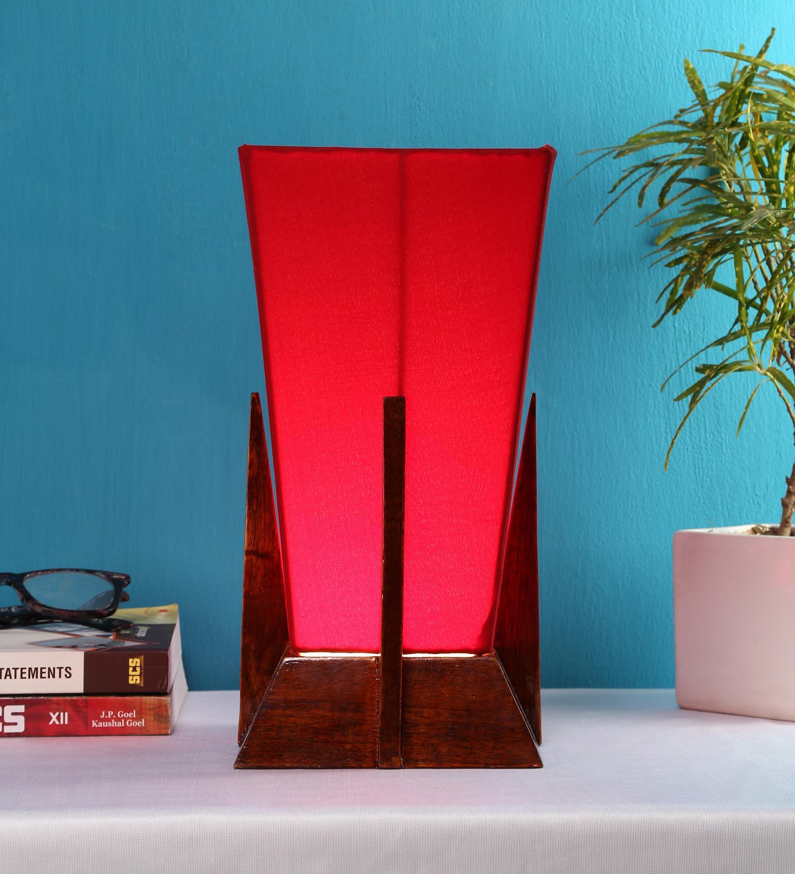 Pyramid Red Cotton Shade Table Lamp with Natural Brown Base