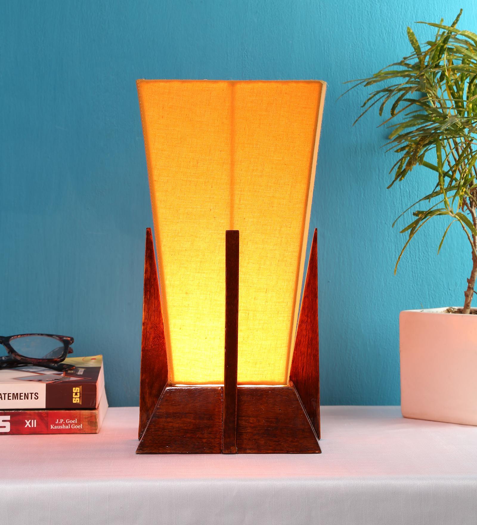 Pyramid Yellow Cotton Shade Table Lamp with Natural Brown Base