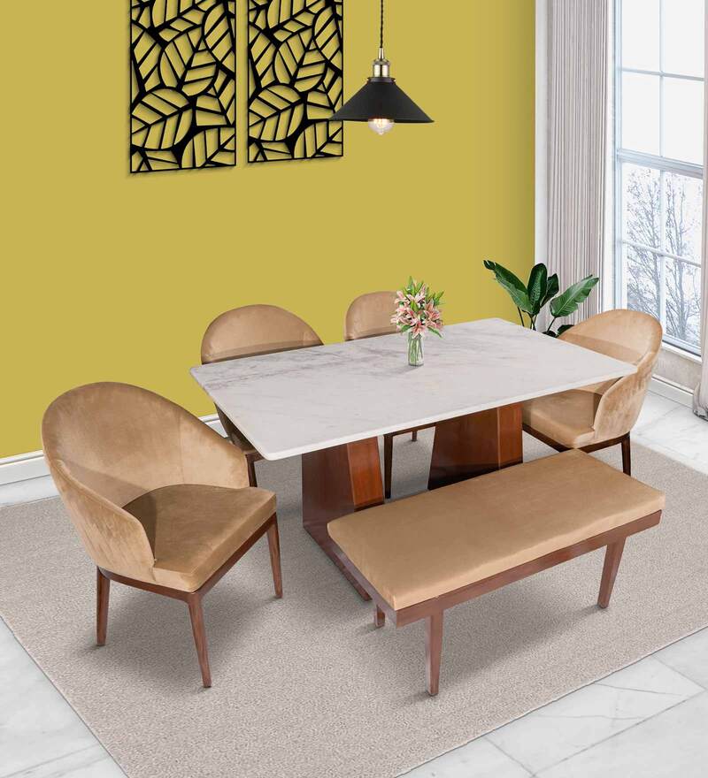 Buy Pyramid Solid Wood 6 Seater Dining Set in Beige Finish with Bench