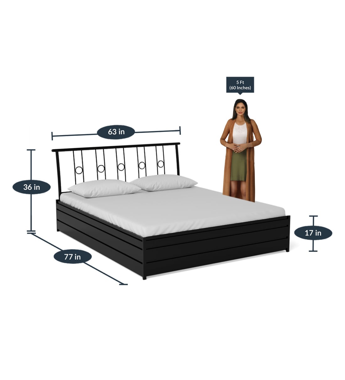 Buy Metallika Queen Size Bed with Storage in Black Finish by