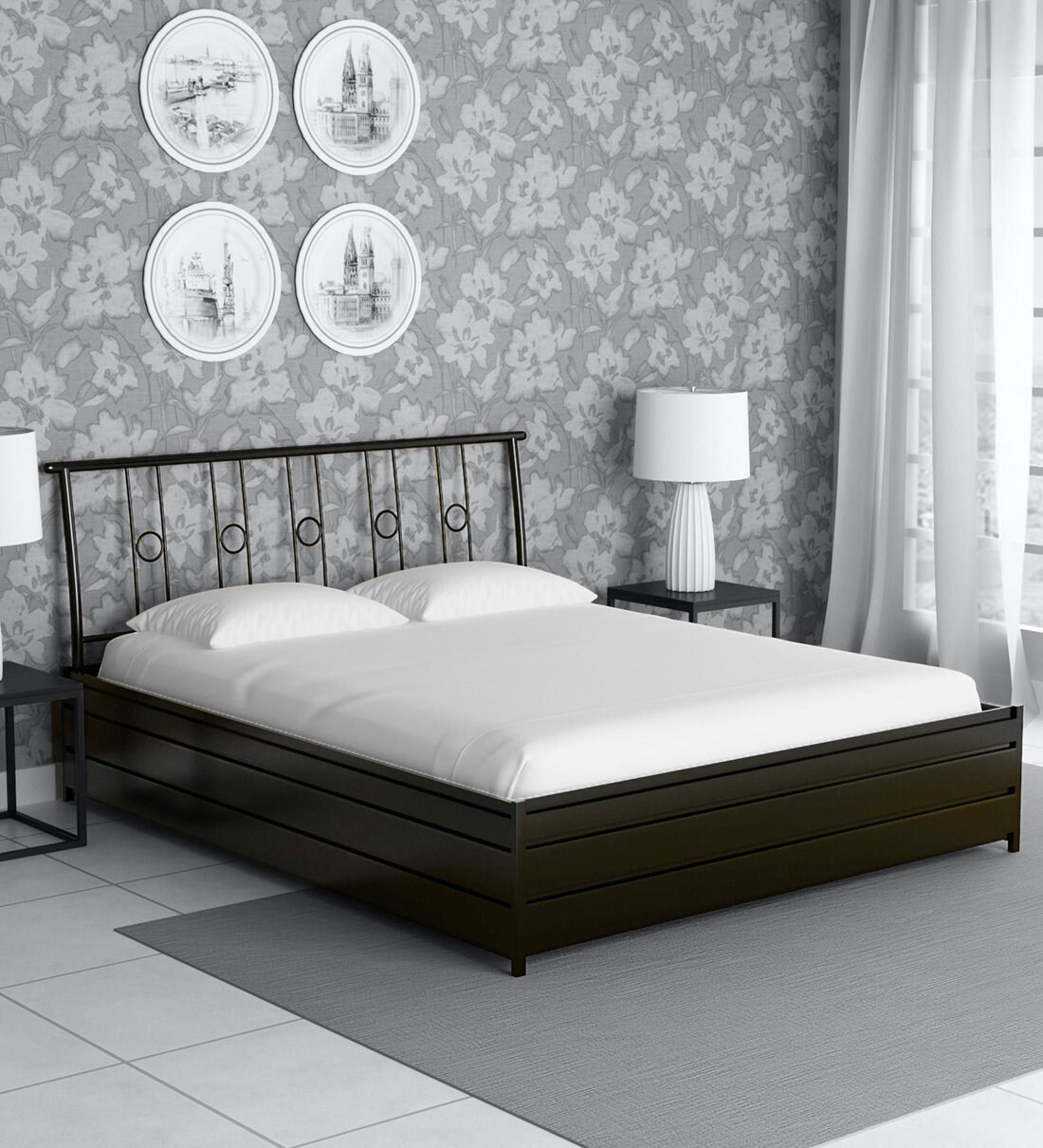 Buy Metallika Queen Size Bed with Storage in Black Finish by